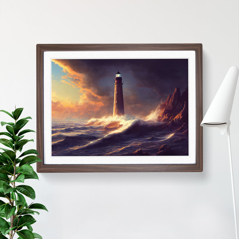 Dramatic Lighthouse Seascape - Single Picture Frame Print, Walnut Framed, 34cm H x 46cm W x 2cm D