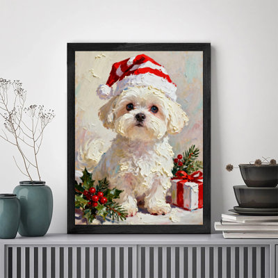Black Framed Vintage Christmas cute and cheerful little dog Wall Art Retro Style Framed Prints