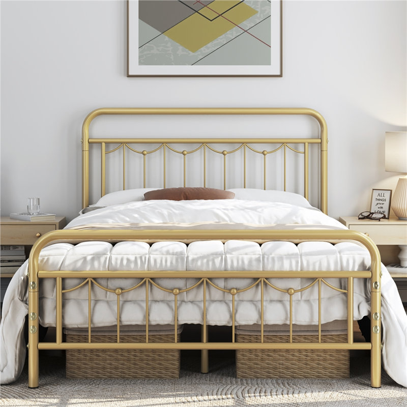Dravin Metal Platform Bed Frame with Vintage Headboard and Footboard, Antique Gold, Full