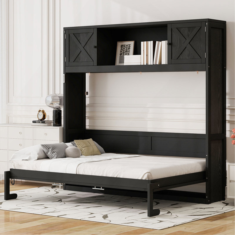 Grand lit escamotable avec armoires de rangement, Noir