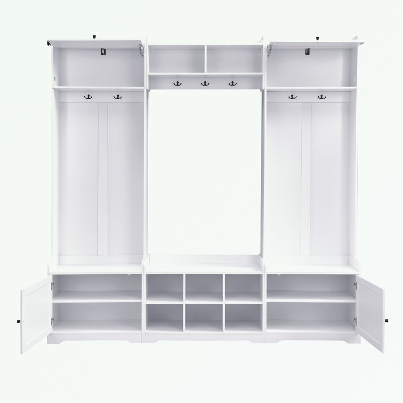 Hall Tree with Shoe Storage Bench, 8 Cubbies, 7 Coat Hooks and Adjustable Shelf, White