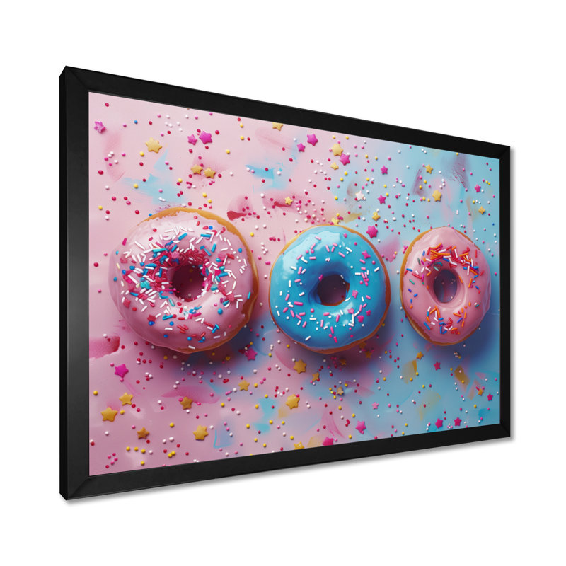 Décoration murale délicieuse rose et bleu Sparkle Donuts I - Donuts alimentaires, Toile encadrée noire simple