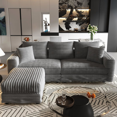 Canapé 3 places de 210 cm avec coussins moelleux et poufs assortis, en velours côtelé gris, siège en mousse à ressorts, profond et multifonctionnel, convertible pour appartement, structure en bois massif, coussins à haute densité, convient au bureau.