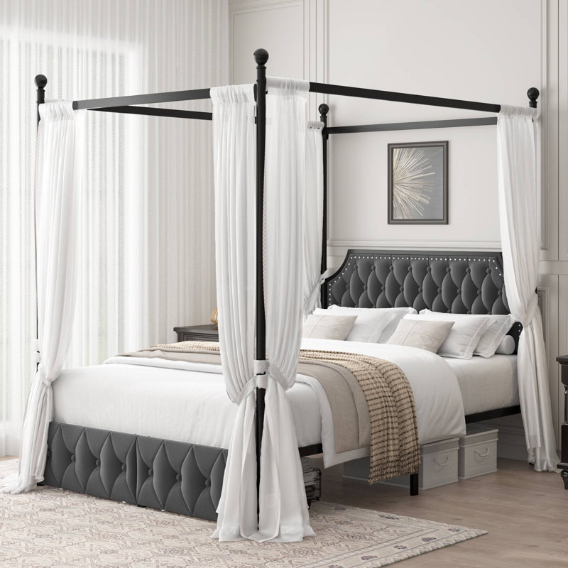 Artevious Upholstered Metal Canopy Storage Bed, Full, Dark Gray
