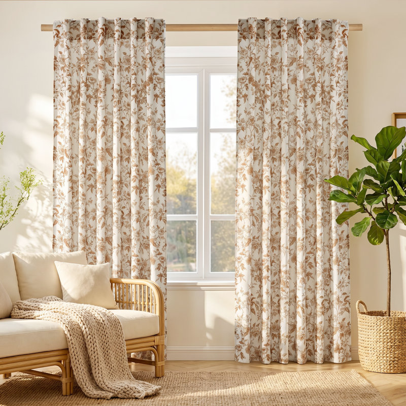  Floral Curtains for Living Room, Semi Sheer Linen Curtains Light Filtering Farmhouse Back Tab Rod Pocket Window Drapes,2 Panels