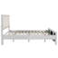 Structure de lit grand lit en bois avec tête de lit tapissier, tissu blanc et beige, plateforme en bois massif, style campagne moderne