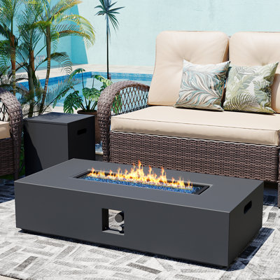 56 Inch Outdoor Propane Fire Pit Table, 50,000 BTU Iron Rectangular Gas Fire Pits with Tank Cover, Lid and Wind Guard