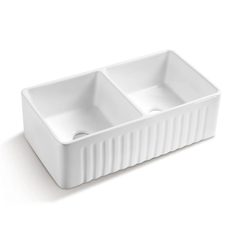 Évier de cuisine à double cuve en céramique blanche à tablier frontal avec crépine L 33 po x l 18 po KDK