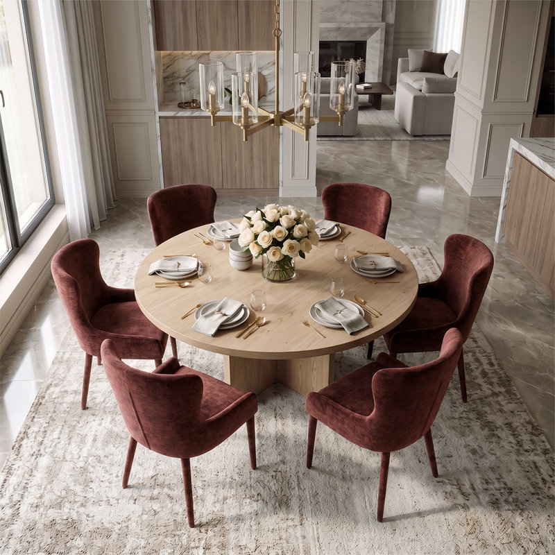 Ensemble de salle à manger rond de 60 pouces en placage de bois avec piédestal et fauteuils à oreilles en chenille, Vin