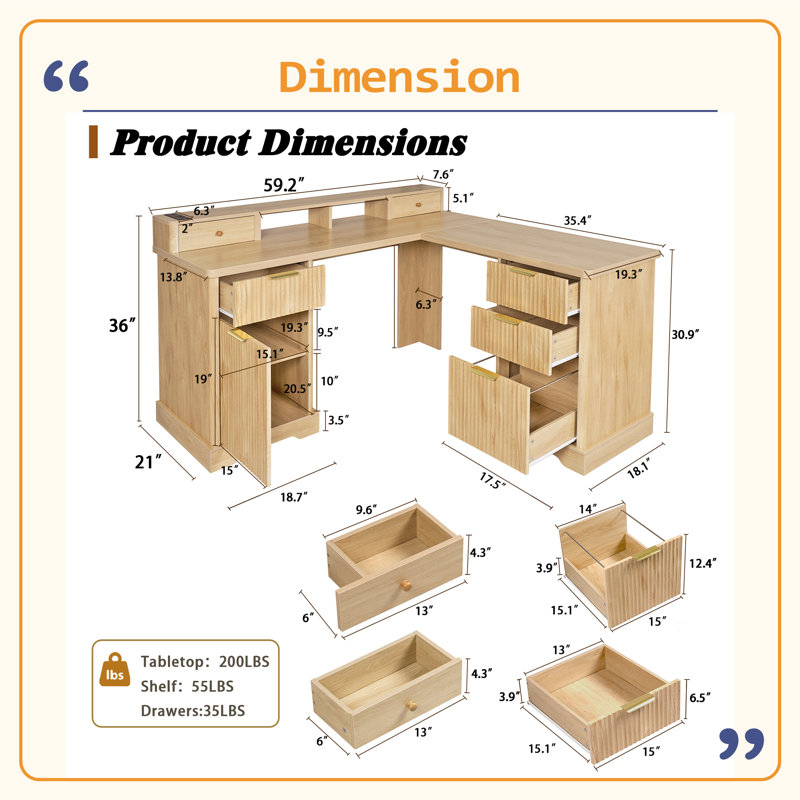 Bureau en L 59 po cannelé moderne avec station de charge et armoire de rangement - bureau d'ordinateur personnel avec support pour moniteur, tiroir classeur et tablette de support amovible pour bureau