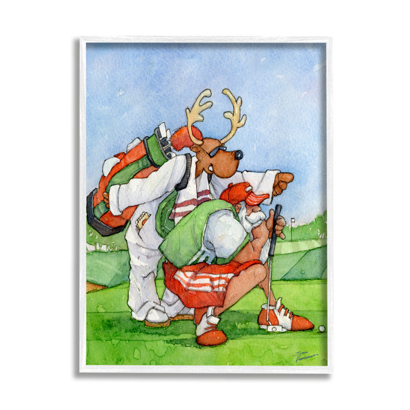 «Santa Claus Off Duty Silly Reindeer Golfing Black», estampe numérique encadrée de Steve Vanderbosch