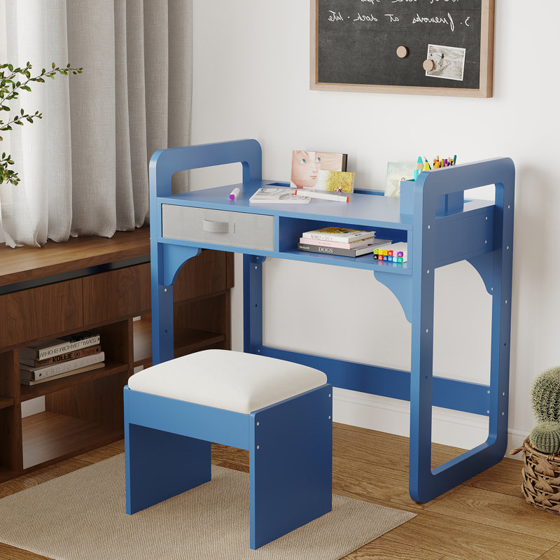 Kids Desk and Chair Set – Adjustable Height Wooden Study Table with Storage, Cloth Drawer, Book Shelf & Pen Holders – Padded Stool Included