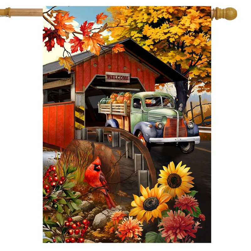 Autumn Covered Bridge House Flag, Red/Yellow Fall