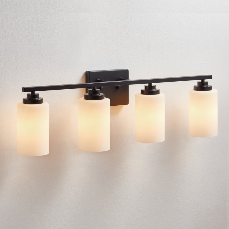 30 in. Black Steel 4-Light Dimmable Vanity Light with Frosted Glass Shades