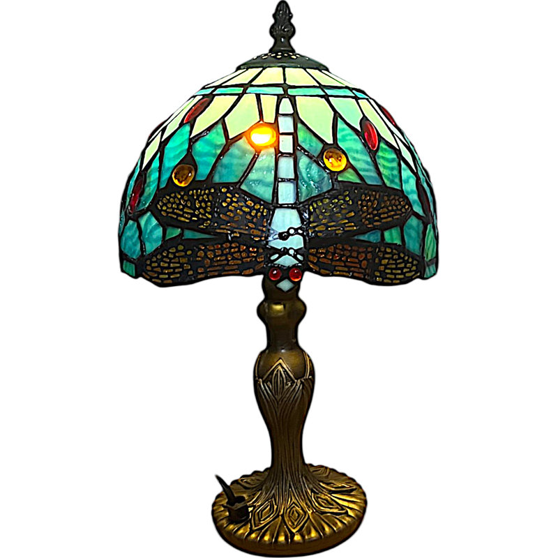Classic Tiffany Style Table Lamp, 20cm Stained Glass Dragonfly Shade, 37cm Height, (Aqua Blue)