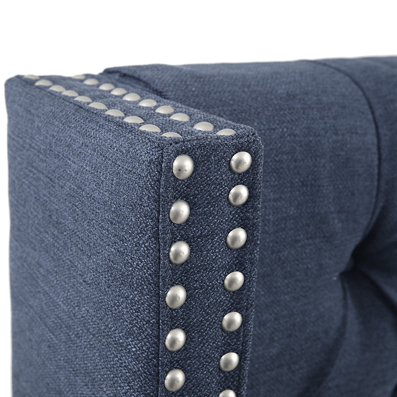 Tête de lit tapissier glamour pour grand lit, bouton avec garniture cloutée double, bleu marine, tête de lit grand avec pieds en métal noir réglables, décor, hauteur,