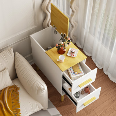 60cm Wide Modern White & Natural Wood with 2 Drawers and Hidden Cabinet – Compact Bedside or End Table with Wooden Handles Side Table with Storage