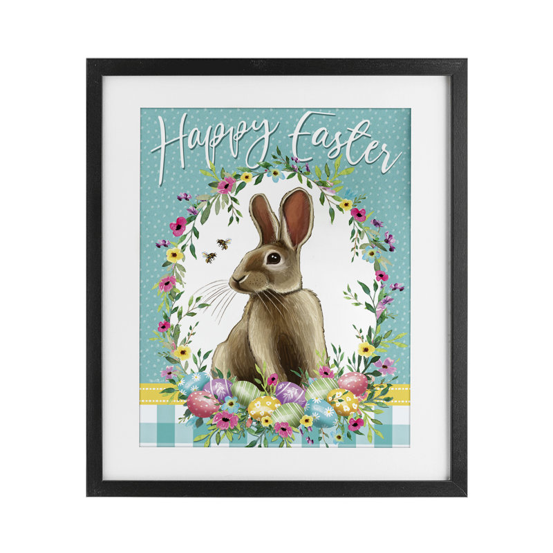 Couronne de lapin de joyeuses Pâques, reproduction encadrée sous verre, conception par Elizabeth Tyndall, Cadre noir minuit