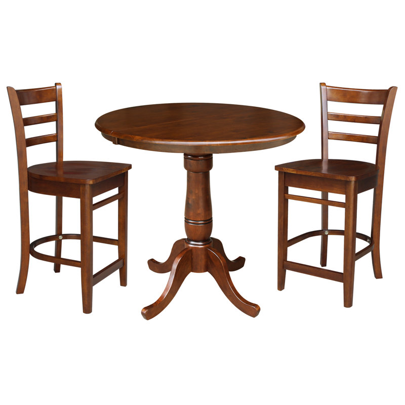 Counter Height Extendable Solid Wood Dining Set, Brown, 3 Pieces