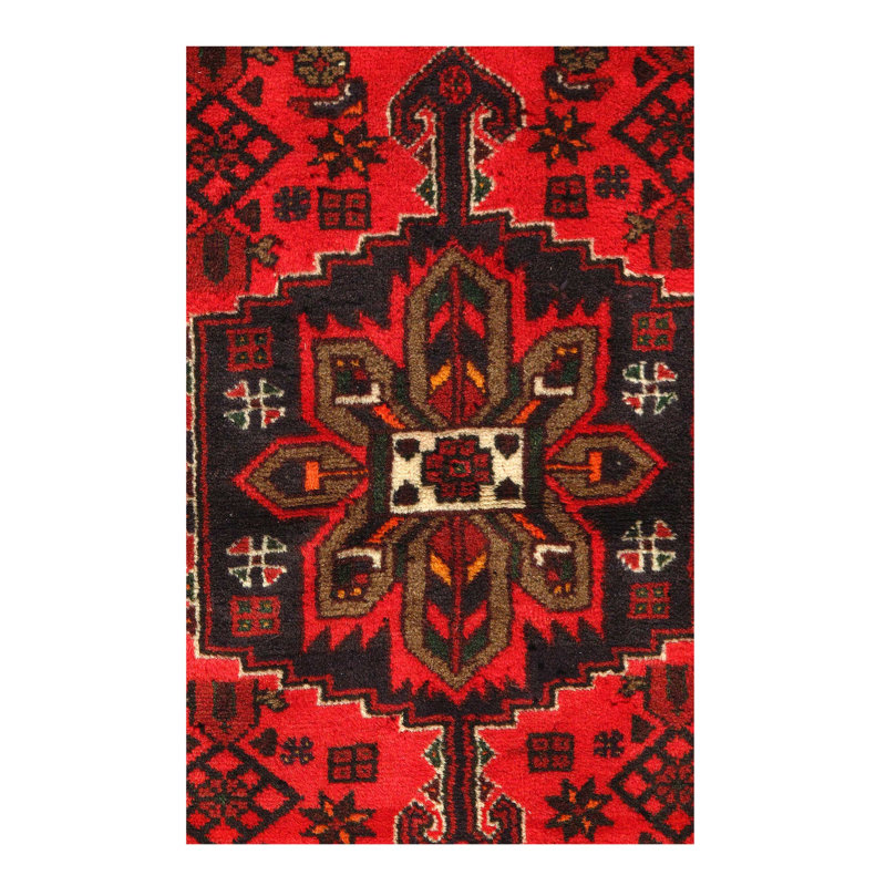 Tapis unique en laine noué à la main de style années 1970 de 5 pi x 3 pi 4 po en rouge / noir / brun