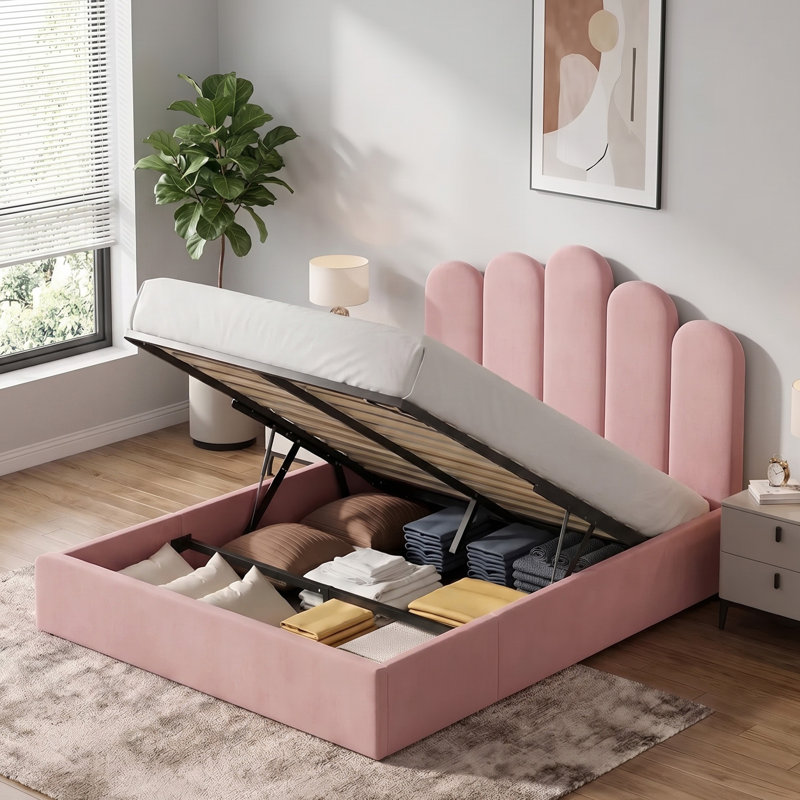 Lit plateforme glamour à panneaux festonnés en velours avec rangement intégré, format Queen, rose, Grand, Rose