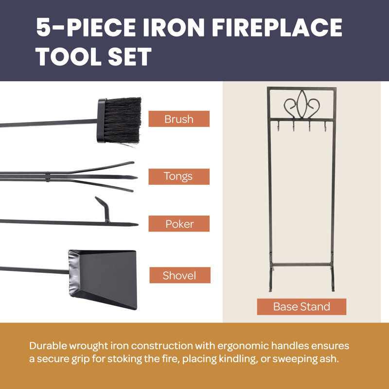 Winston Porter 5PC Fireplace Tools Set, Black