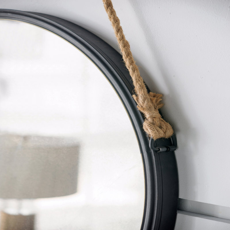 Miroir rond suspendu tendance 29,5 po avec cadre noir et sangle de corde, décor industriel contemporain