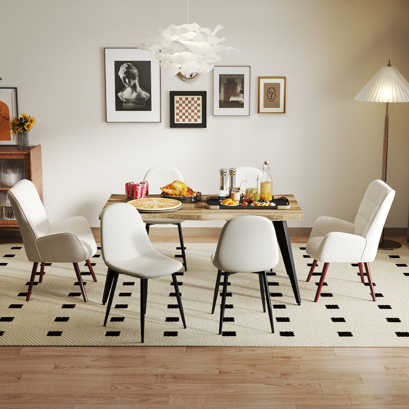 7-Piece Dining Table Set for 6, Wave-Edge Dining Table with 6 Upholstered Chairs Contemporary Dining Room Home Dining Furniture