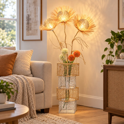 3-Light Rattan Tree Floor Lamp with Dandelion-Inspired Floral Design with 3 Color Temperatures