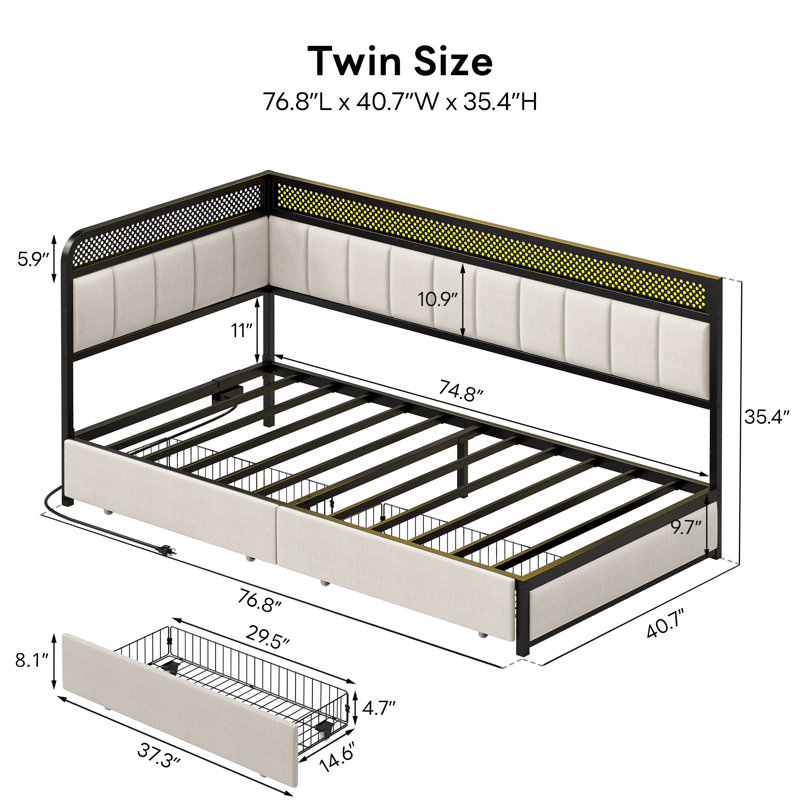 Modern Daybed With Storage & Charging - Corner Design, Led Lights, Beige, Lit simple