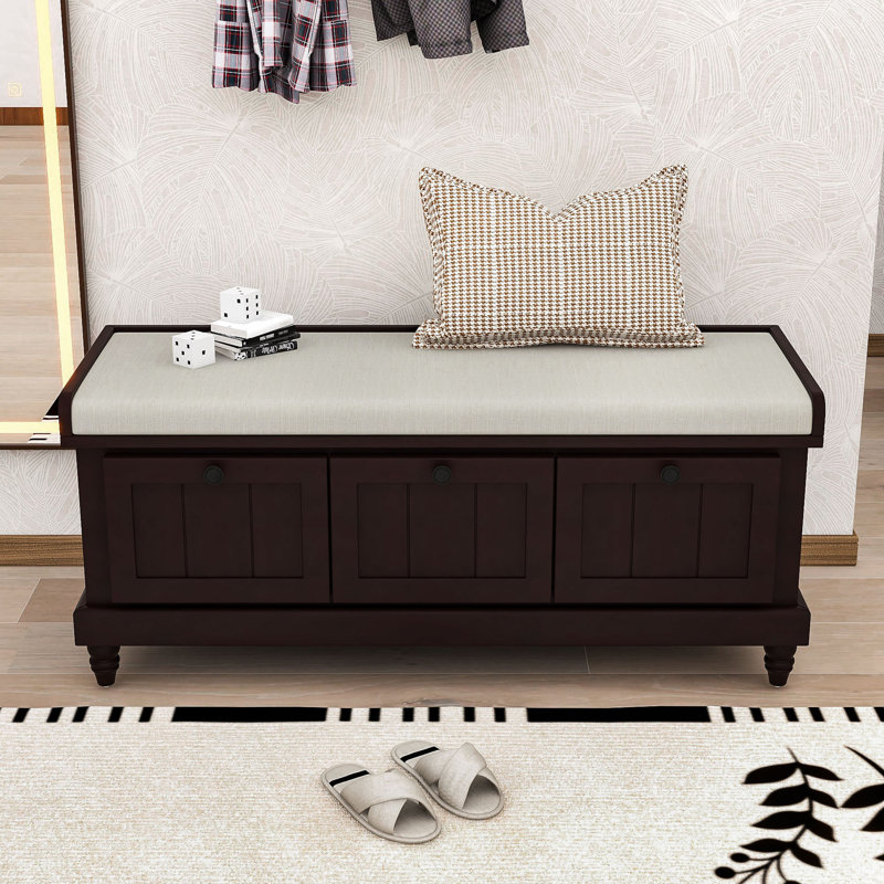 Banc de rangement de style campagnard avec tiroirs, compartiment caché, Espresso