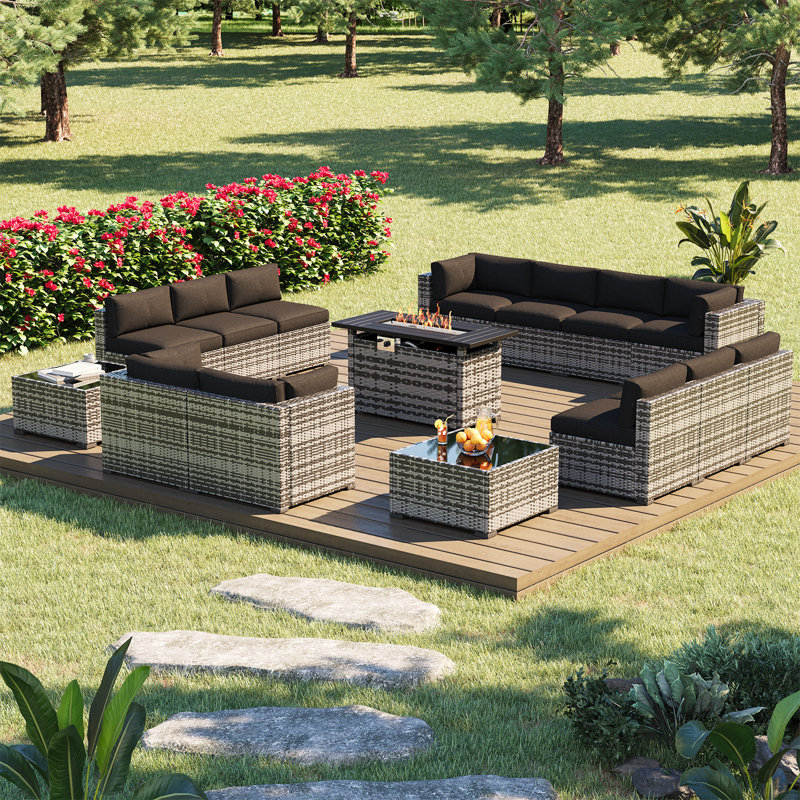 Melisandra Wicker 12 - Person Seating Group with Cushions and Fire Pit, Patio Sectional Conversation Set, Black, Gray