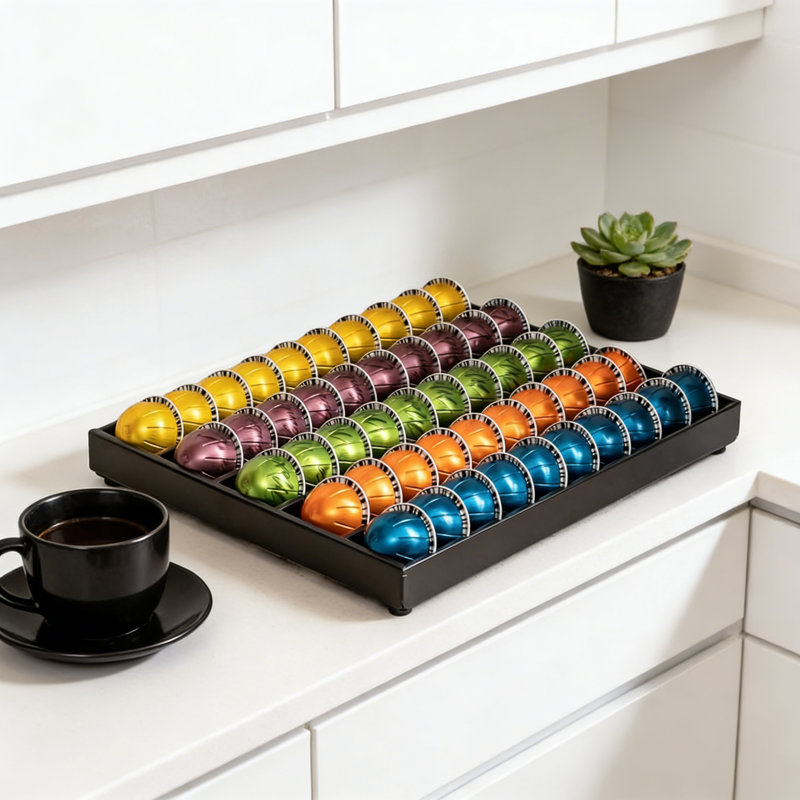 Organisateur de tiroir à dosette pour capsules de café Nespresso Flagship Vertuo - Solution de rangement pour comptoir ou armoire peu encombrante d'une capacité de 50 dosettes