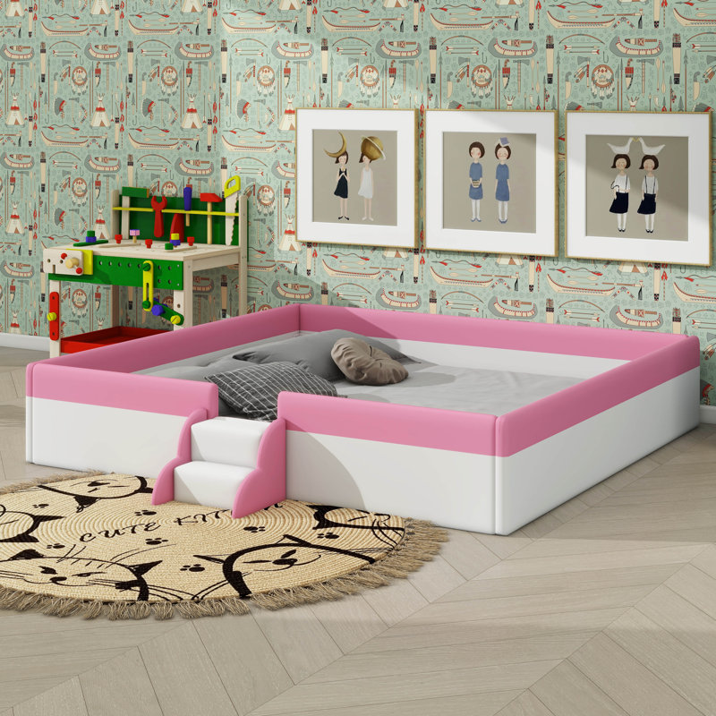 Upholstered Daybed Frame With Fence And Stairs, King, Pink/White