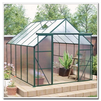 8x10FT Double Door Polycarbonate Greenhouse Raised Base and Anchor Aluminum Heavy Duty Walk-in Greenhouses for Outdoor Backyard in All Season,Green