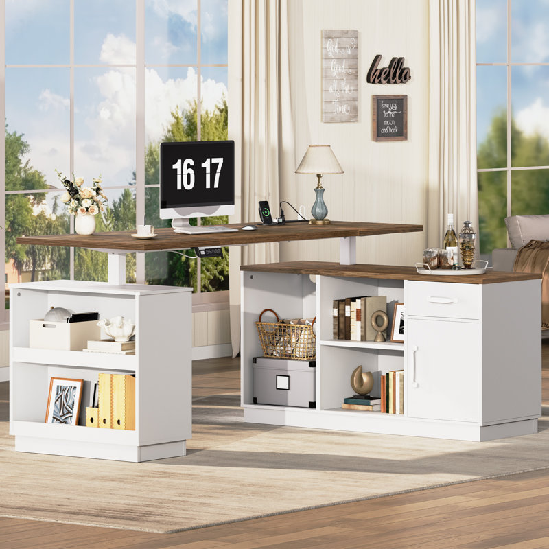 Bureau debout en L de 63 po avec tiroir et support pour moniteur, bureau de direction à hauteur réglable avec armoire de rangement et prise de courant