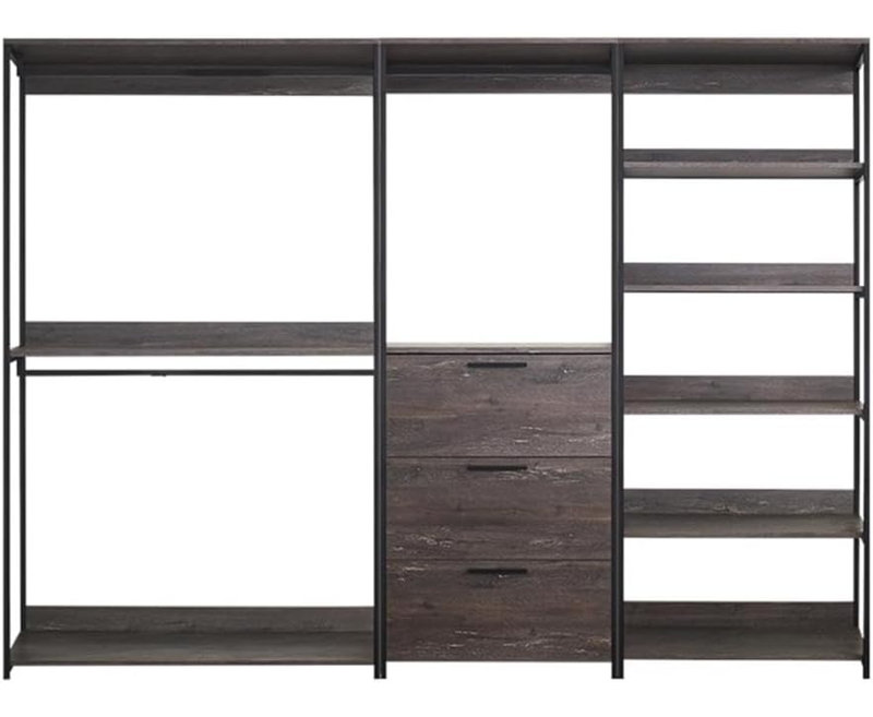  Rustic Wood Walk in Closet System with Drawer and Metal Frame Organizer Unit