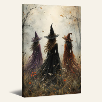 " Three Witches In Misty Autumn Forest Halloween " Painting Print