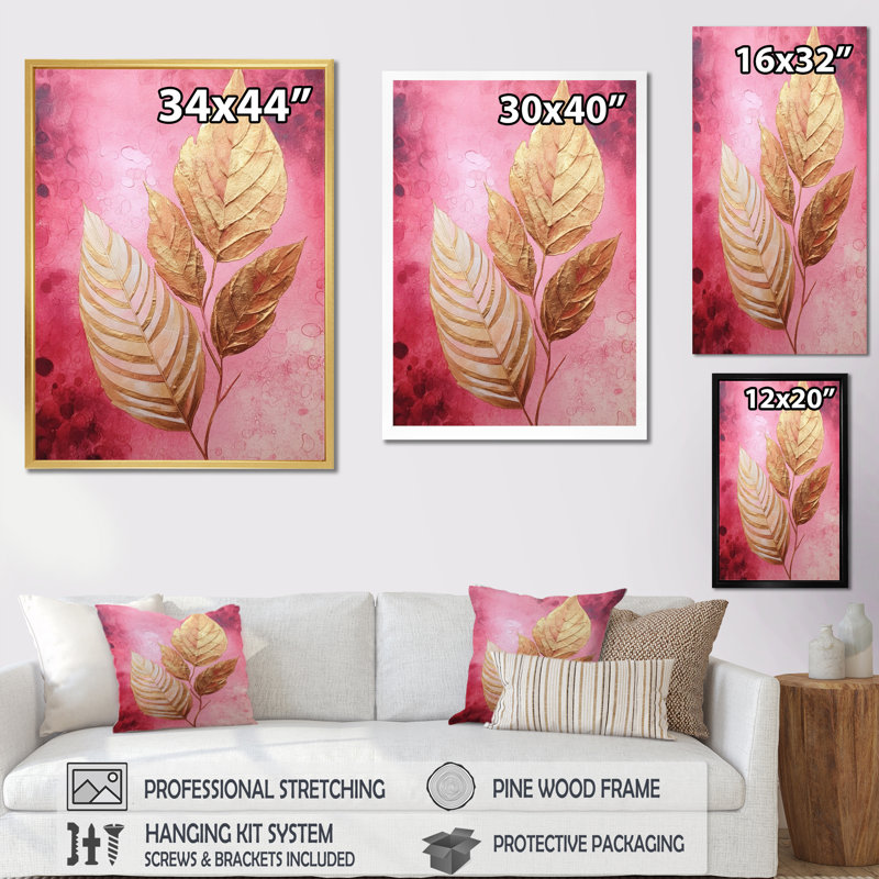 Art mural sur toile botanique, impression de feuille d'or rose - Harmonie des feuilles d'or rose I, Cadre simple argenté