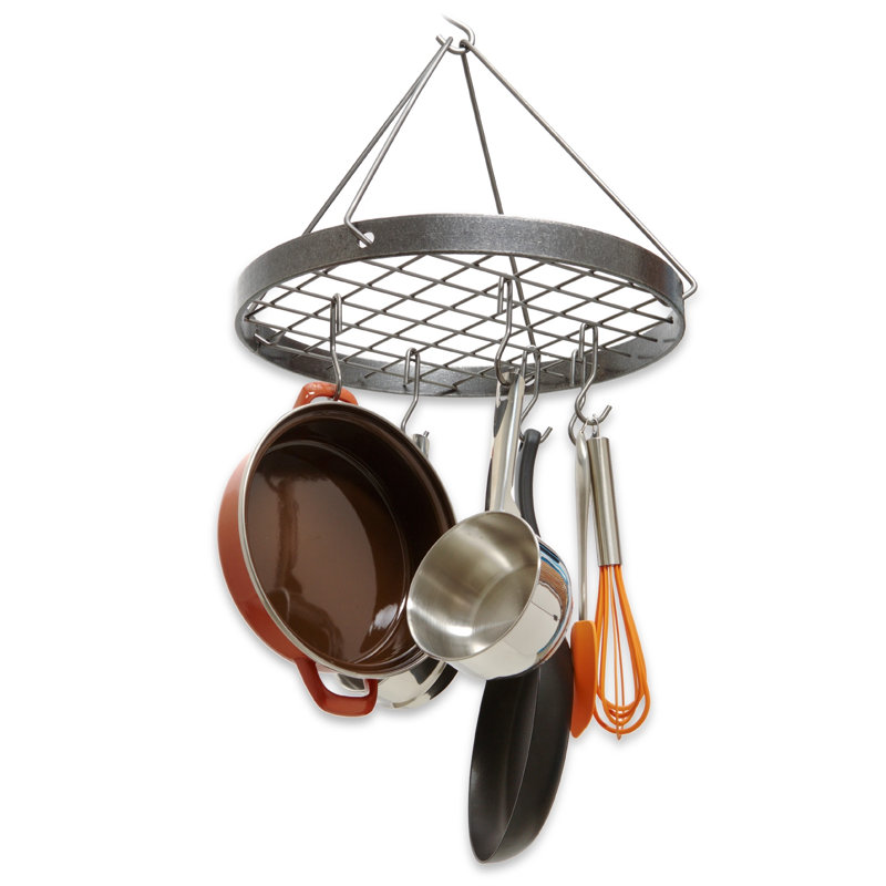 Hammered Steel Round Hanging Pot Rack with Hooks