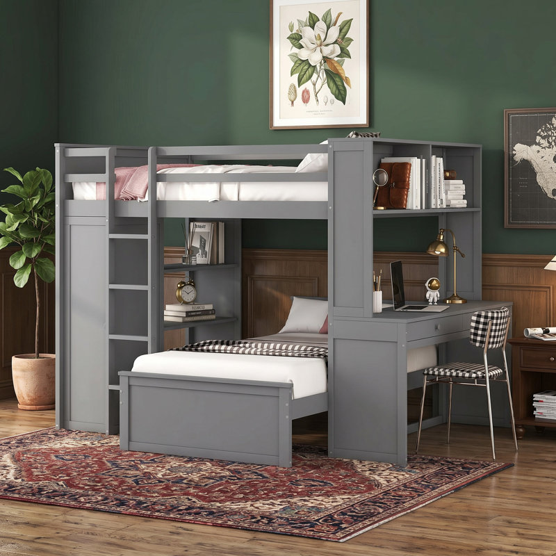 Full Size Loft Bed With Twin Stand-Alone Bed, Desk, Shelves And Wardrobe, Gray, Gray