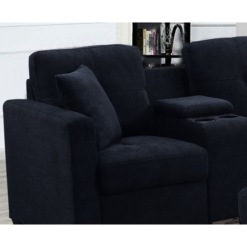Sectional Dark Blue 7 Soft Microfiber High Skin- Cushions Two Cup Holders Solid Wood Frame For Long-Term Stability Use