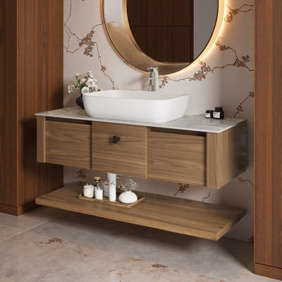 48"Mid Century Modern Wall-Mounted Bathroom Vanities,Single Sink,Brown Wood Texture with Sintered Stone Table top,Not Assembled Need