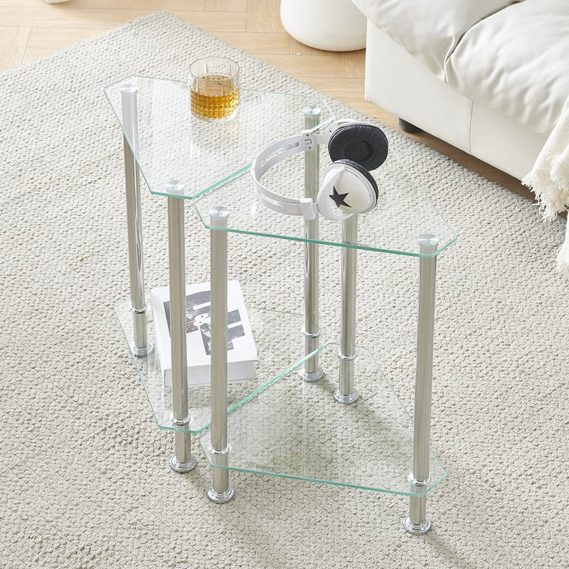 Glass Sofa Table Side Table Small With Storage Shelf, Living Room 2 Tiers Corner Coffee End Table Bedroom Little Nightstand Beside Table (Clear, Triangle)