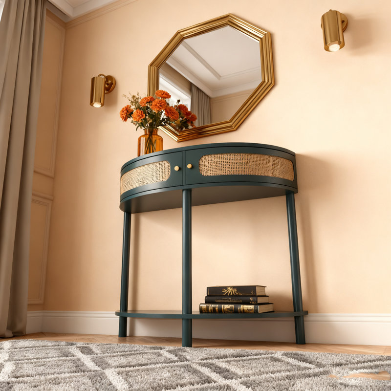Console Table de bout demi-lune avec 2 tiroirs de rangement et tablette inférieure pour le salon, la chambre à coucher, le bureau et le couloir