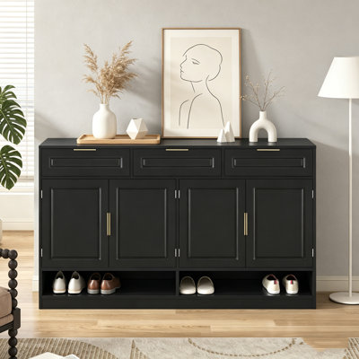 59.1'' Farmhouse Sideboard With 3 Drawers & 4 Doors, Adjustable Shelf & Open Compartments