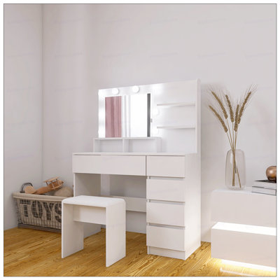 Vanity, Makeup Vanity Desk Set with Mirror & Light, Dressing Table Storage Lots , 3 Lighting Modes with Adjustable Brightness, with Stool