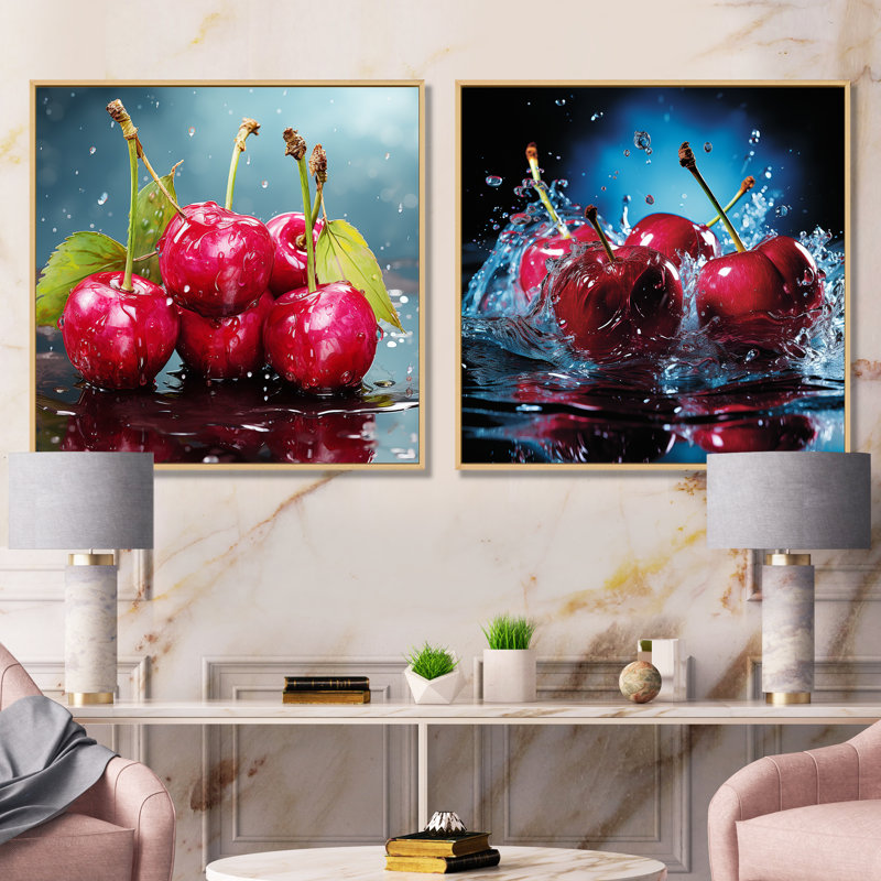 «Cherry Eclipse I», ensemble d'art mural sur toile cerise, H 16 po x l 33 po x P 1 po, Cadre flottant brun