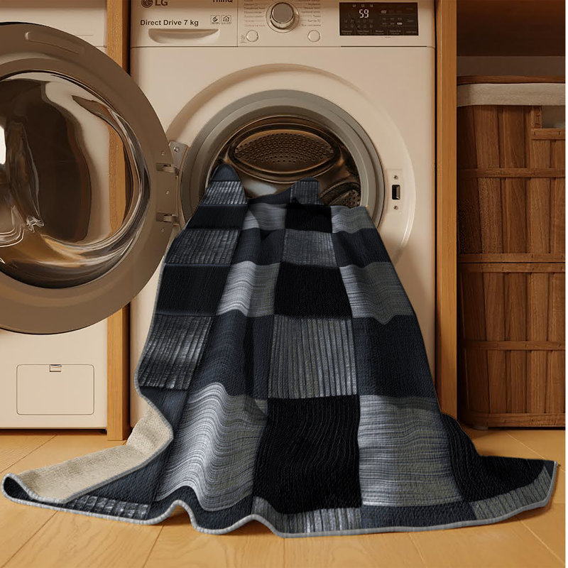 Machine Washable Checkered Gray Area Rug, Round 4'