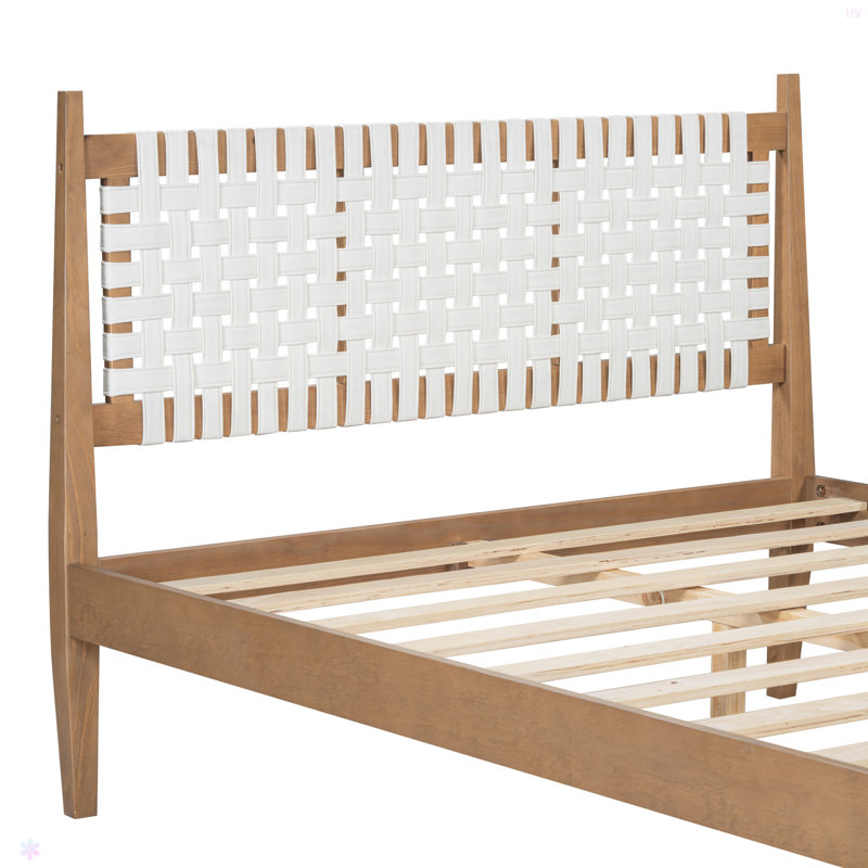 Lit avec dossier en cuir blanc tissé, structure en bois naturel
